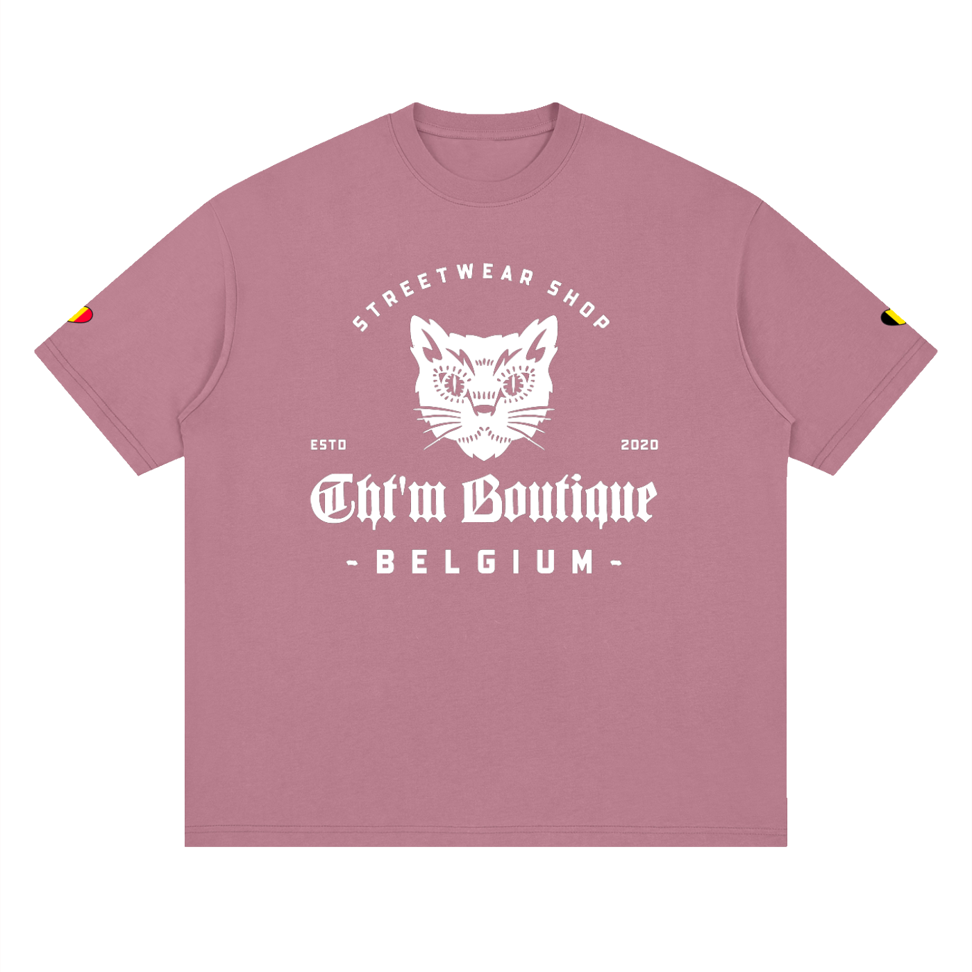 T-shirt oversized logo chat félin en vieux rose, imprimé blanc CHT'M Belgium, vue de face