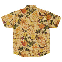 Chemise homme manches courtes ocre à fleurs jaunes, vue de dos à plat