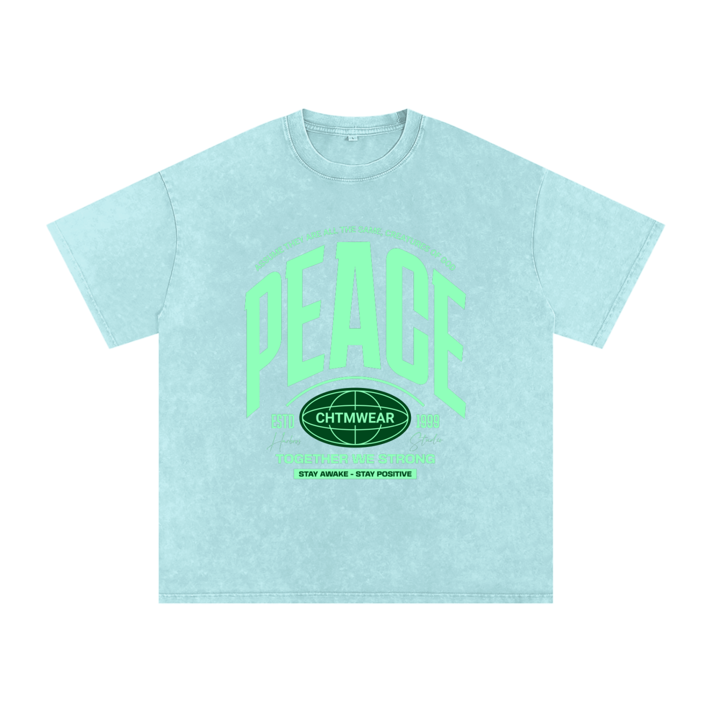 T-shirt oversized PEACE en bleu d'eau délavé - imprimé varsity et slogan Together We Strong