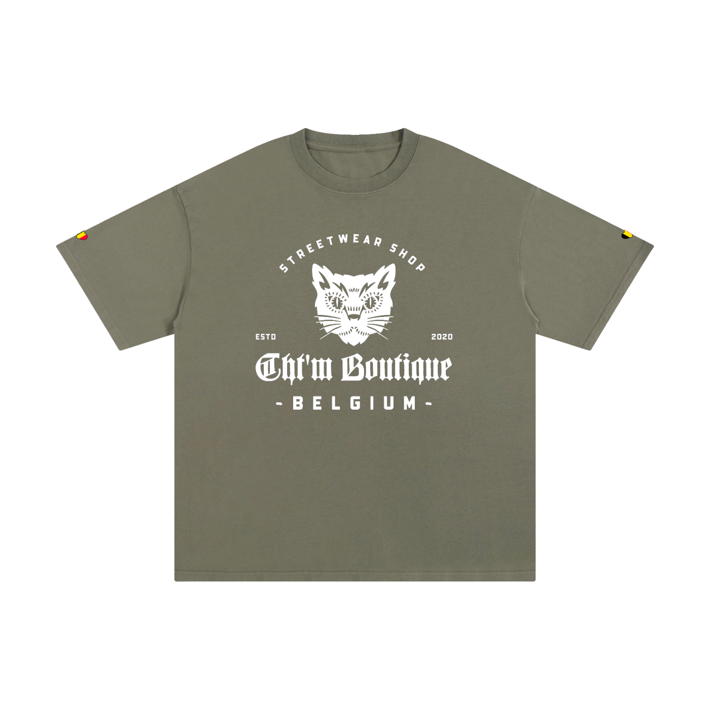 T-shirt oversized logo chat gothique en vert grisé, imprimé blanc CHT'M Belgium, vue de face