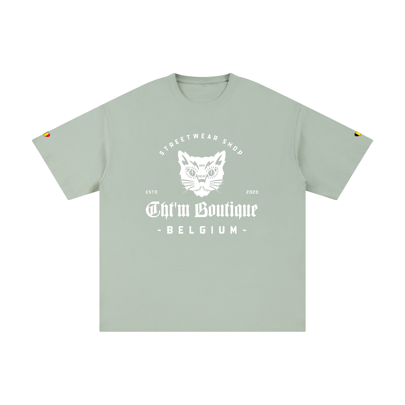 T-shirt oversized logo chat gothique en vert amande, imprimé blanc CHT'M Belgium, vue de face