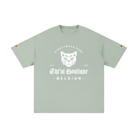 T-shirt oversized logo chat gothique en vert amande, imprimé blanc CHT'M Belgium, vue de face