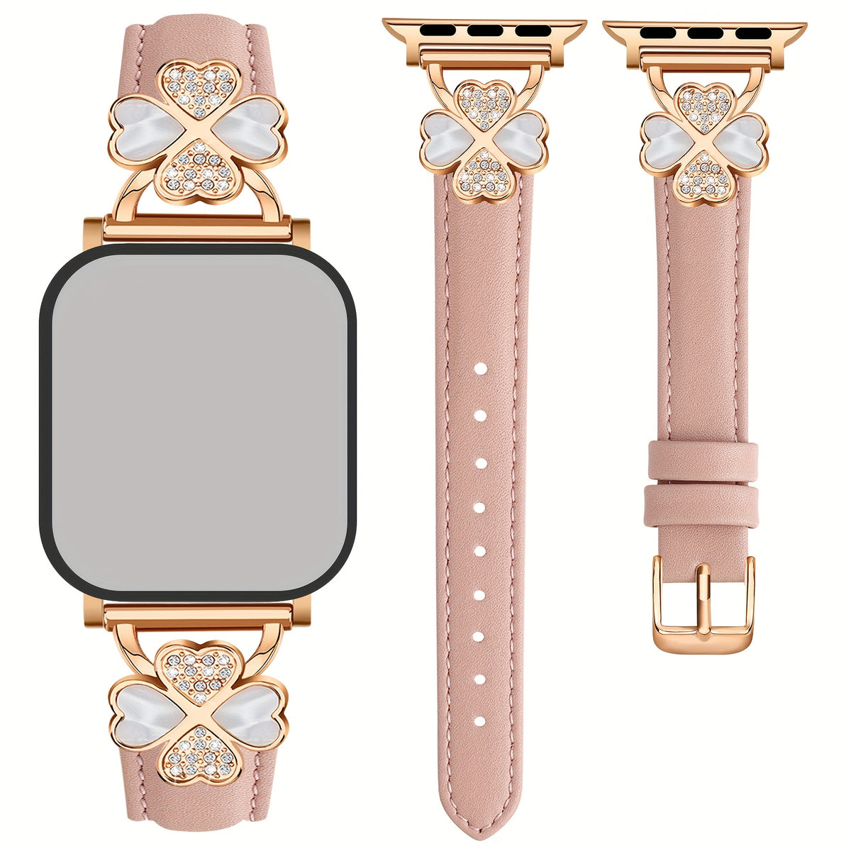 Bracelet Apple Watch fin en cuir avec attaches bijou, coloris rose clair