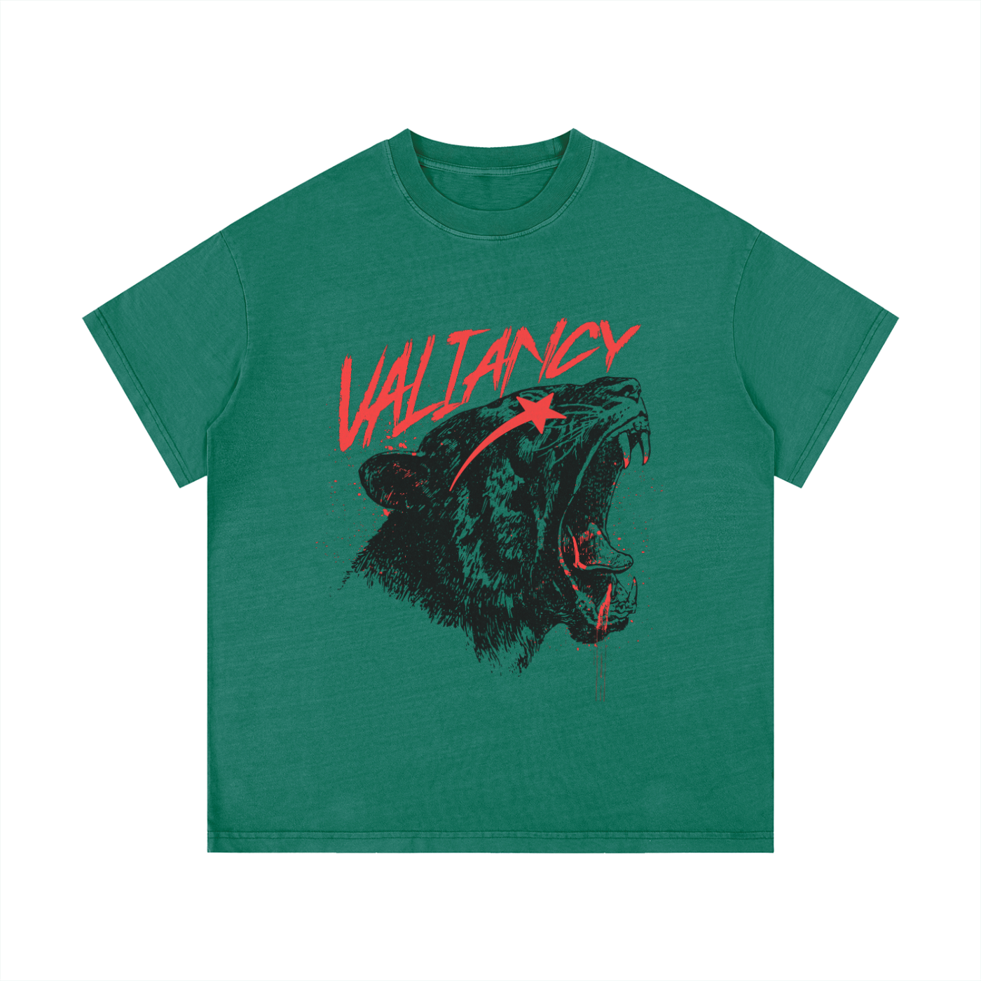 T-shirt oversized Lion Valiancy en vert émeraude à plat - lion gravé et lettrage rouge