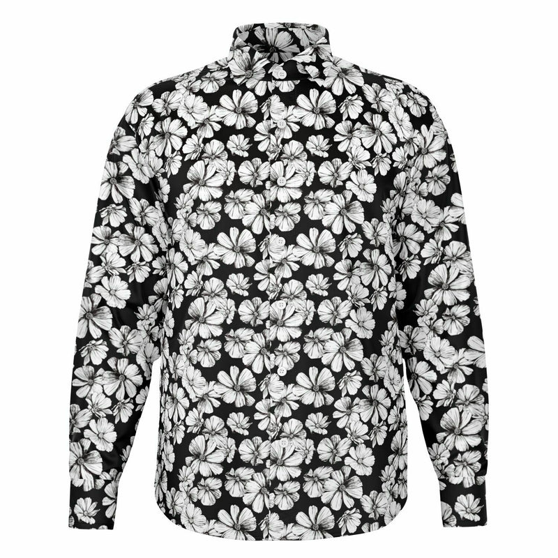 CHEMISE HOMME originale fleurs blanches sur fond noir MANCHES LONGUES