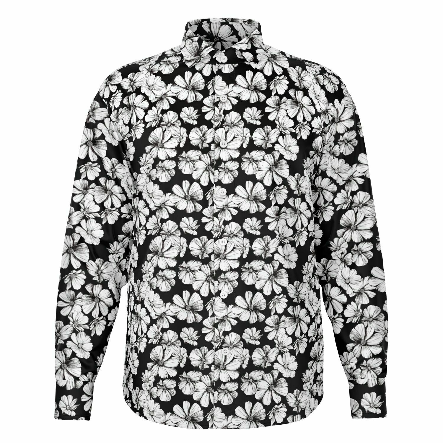 CHEMISE HOMME originale fleurs blanches sur fond noir MANCHES LONGUES