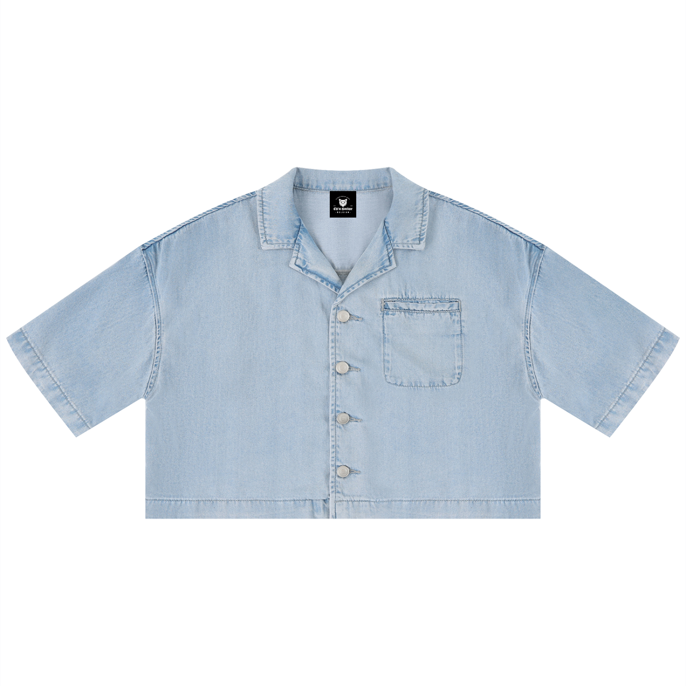 Packshot face de la chemise en jean crop femme original bleu clair