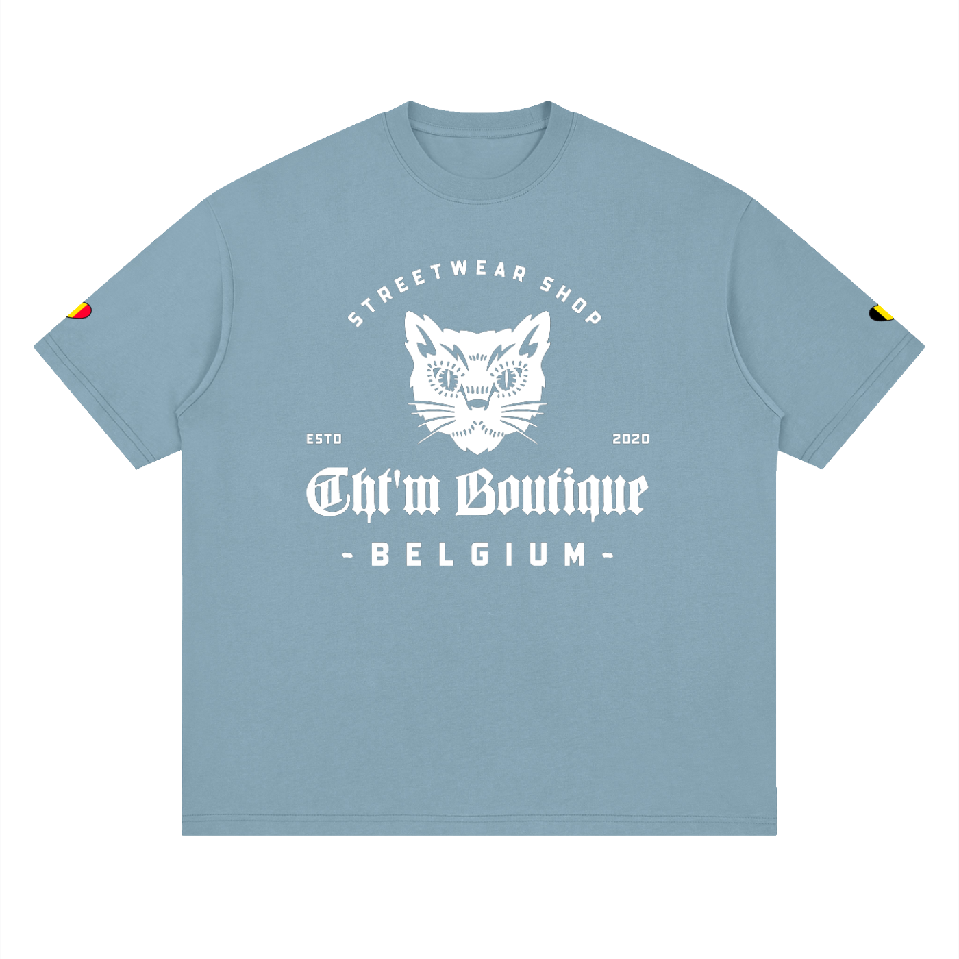 T-shirt oversized logo chat félin en bleu gris, imprimé blanc CHT'M Belgium, vue de face