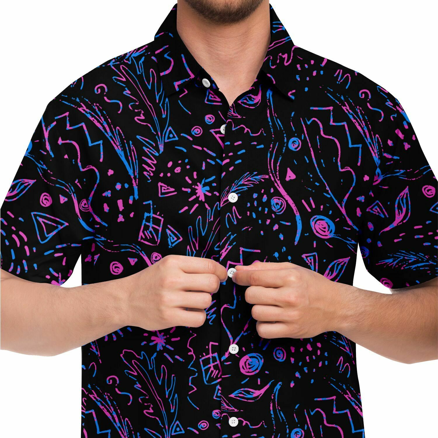 Chemise homme manches courtes noire motif néon abstrait, gros plan sur l'imprimé