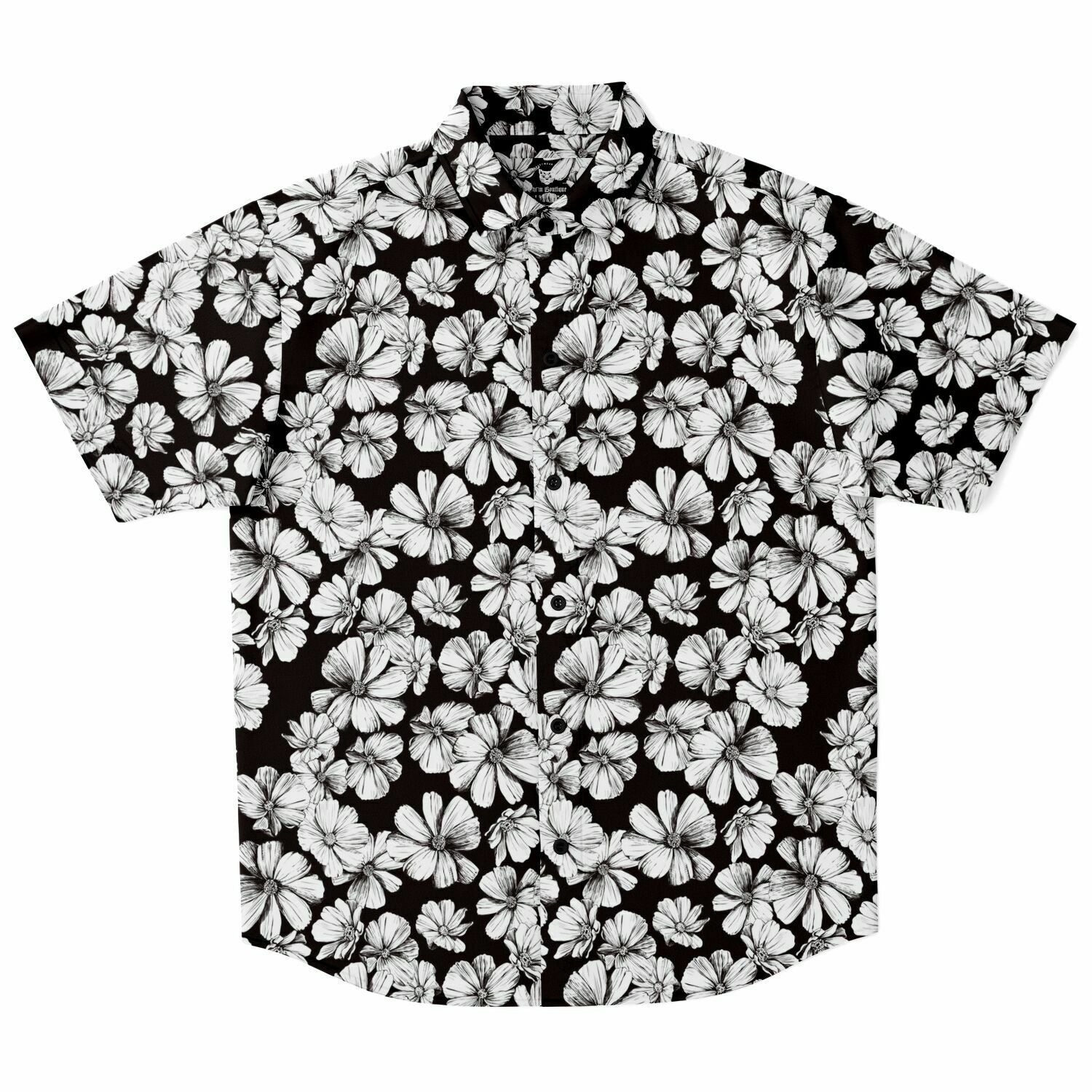 Chemise homme manches courtes noir et blanc à grandes fleurs, vue de face à plat