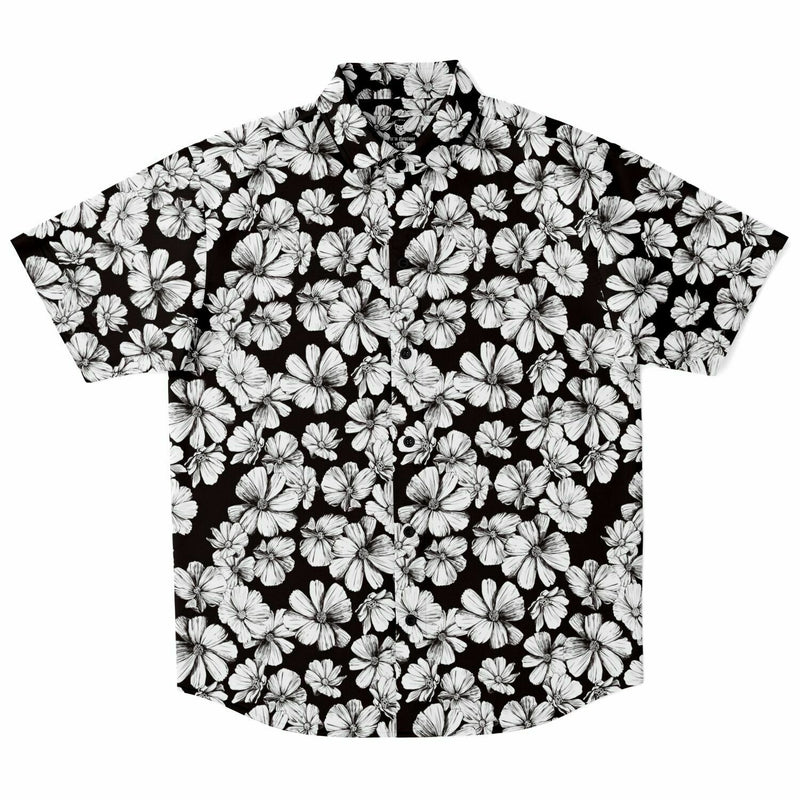 Chemise homme manches courtes noir et blanc à grandes fleurs, vue de face à plat