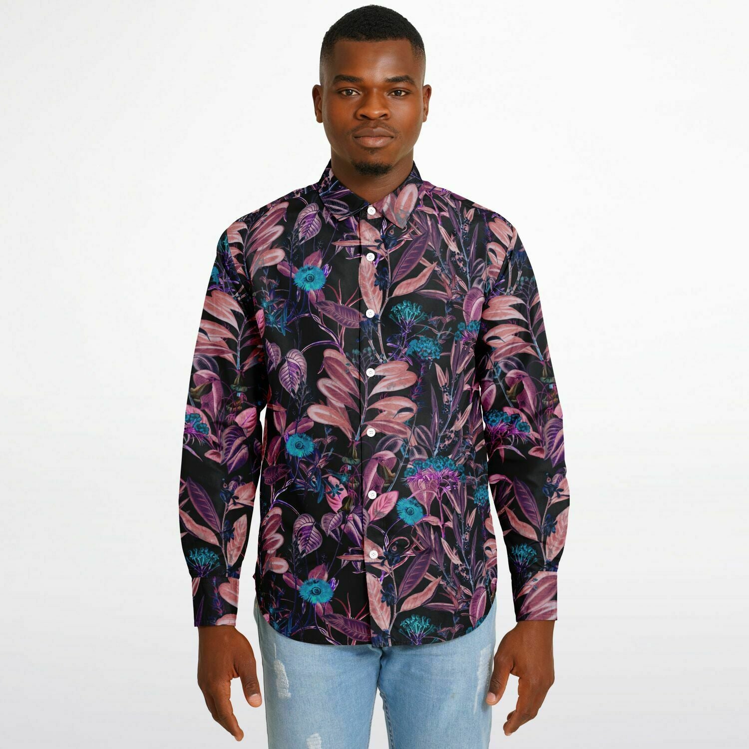 Chemise Homme noir et bleu avec fleurs - Manches Longues
