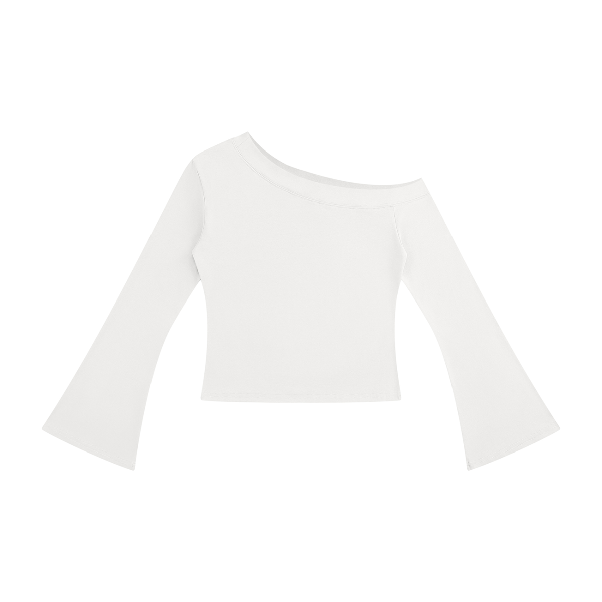 T-shirt femme asymétrique épaule dénudée crop top blanc, vue de face