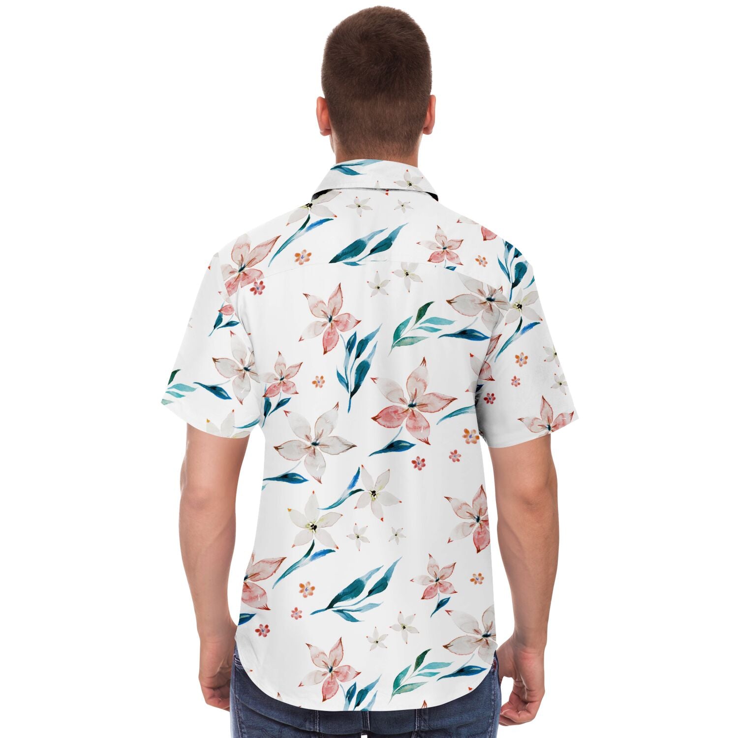 Chemise homme manches courtes blanche à lys pêche, portée, vue de dos