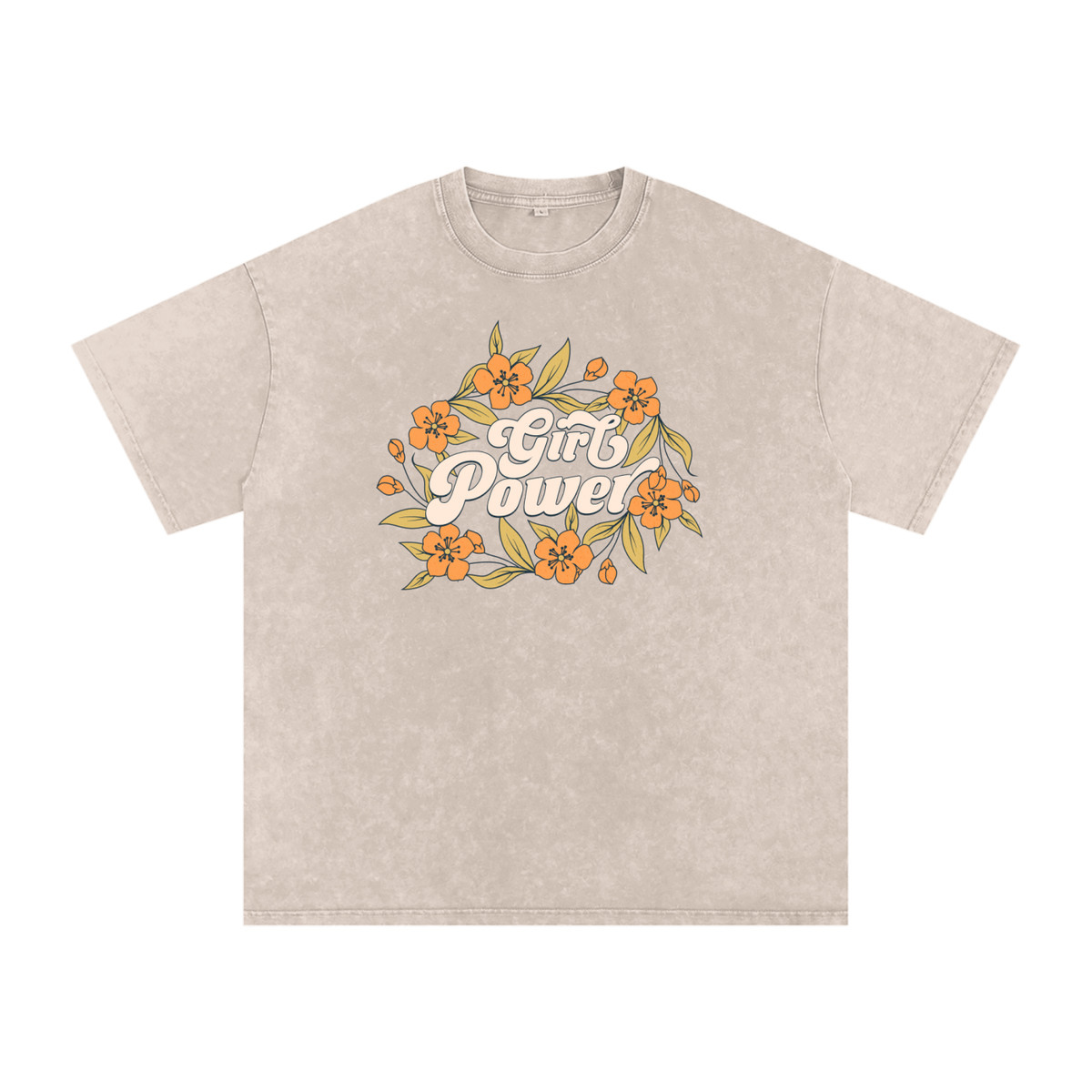 T-shirt femme oversized Girl Power en abricot clair - imprimé floral vintage sur coton lavé