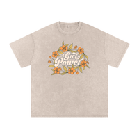 T-shirt femme oversized Girl Power en abricot clair - imprimé floral vintage sur coton lavé