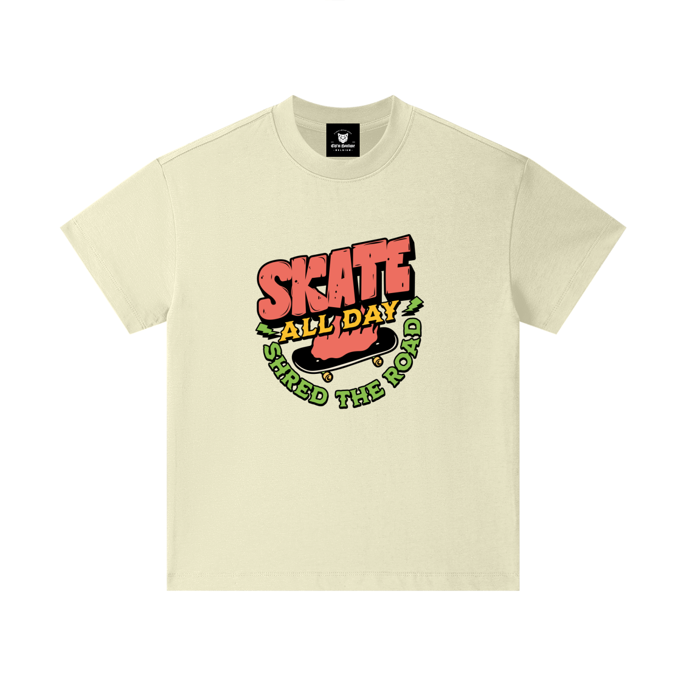T-shirt enfant oversized Skate All Day en beige clair - imprimé skateboard cartoon