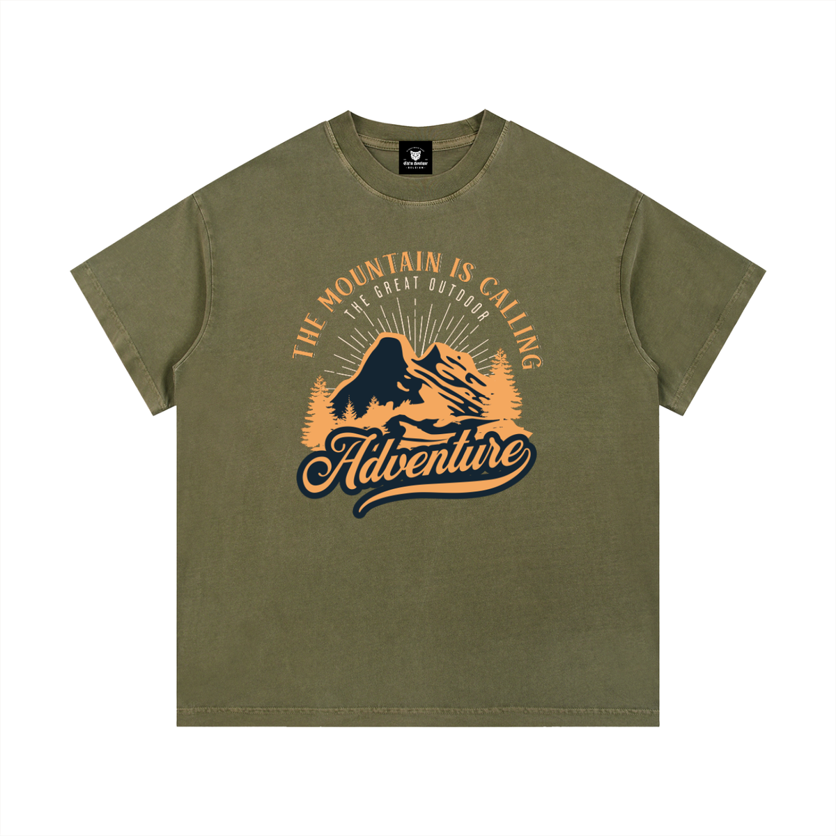 T-shirt enfant oversized Mountain is Calling en vert kaki délavé à plat, imprimé montagne vintage