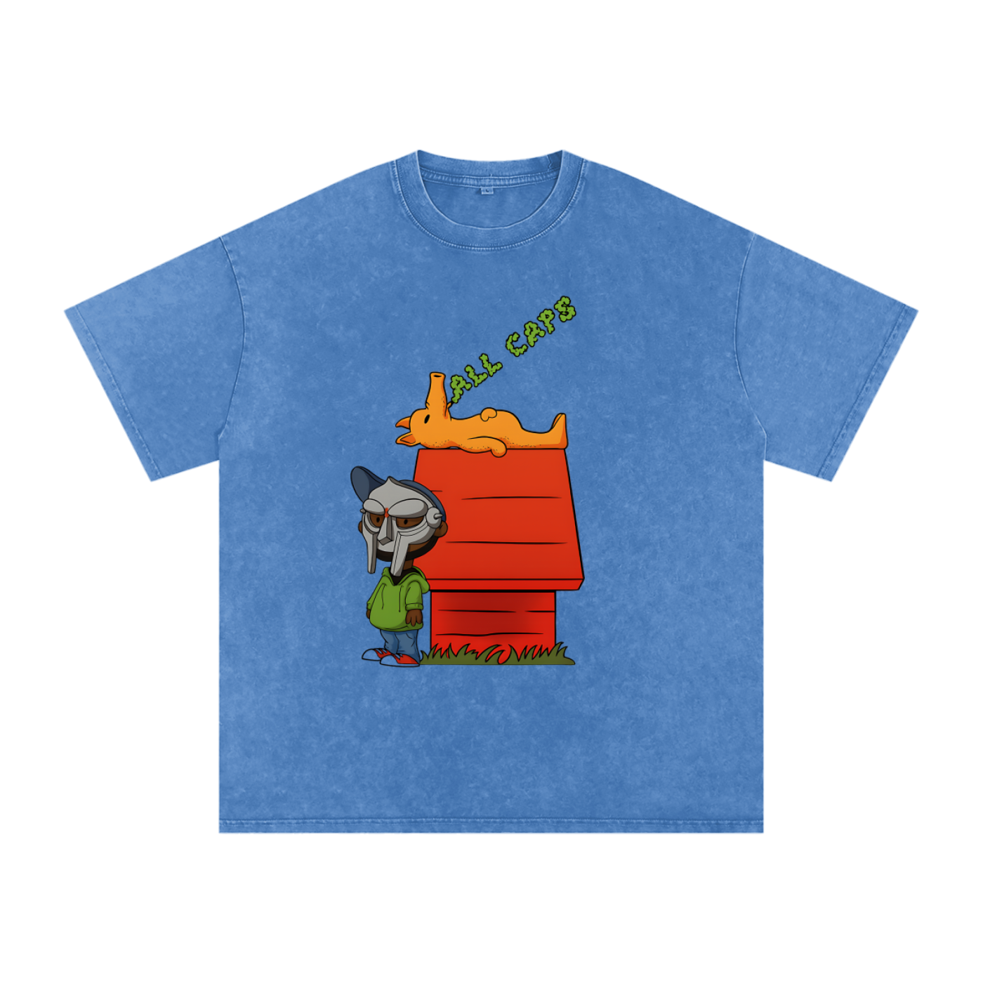 T-shirt oversized hommage MF DOOM en bleu - masque métallique, niche rouge et lettrage All Caps vert