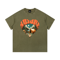 T-shirt enfant oversized Nature Heart en vert kaki délavé, imprimé tente et feu de camp en cœur