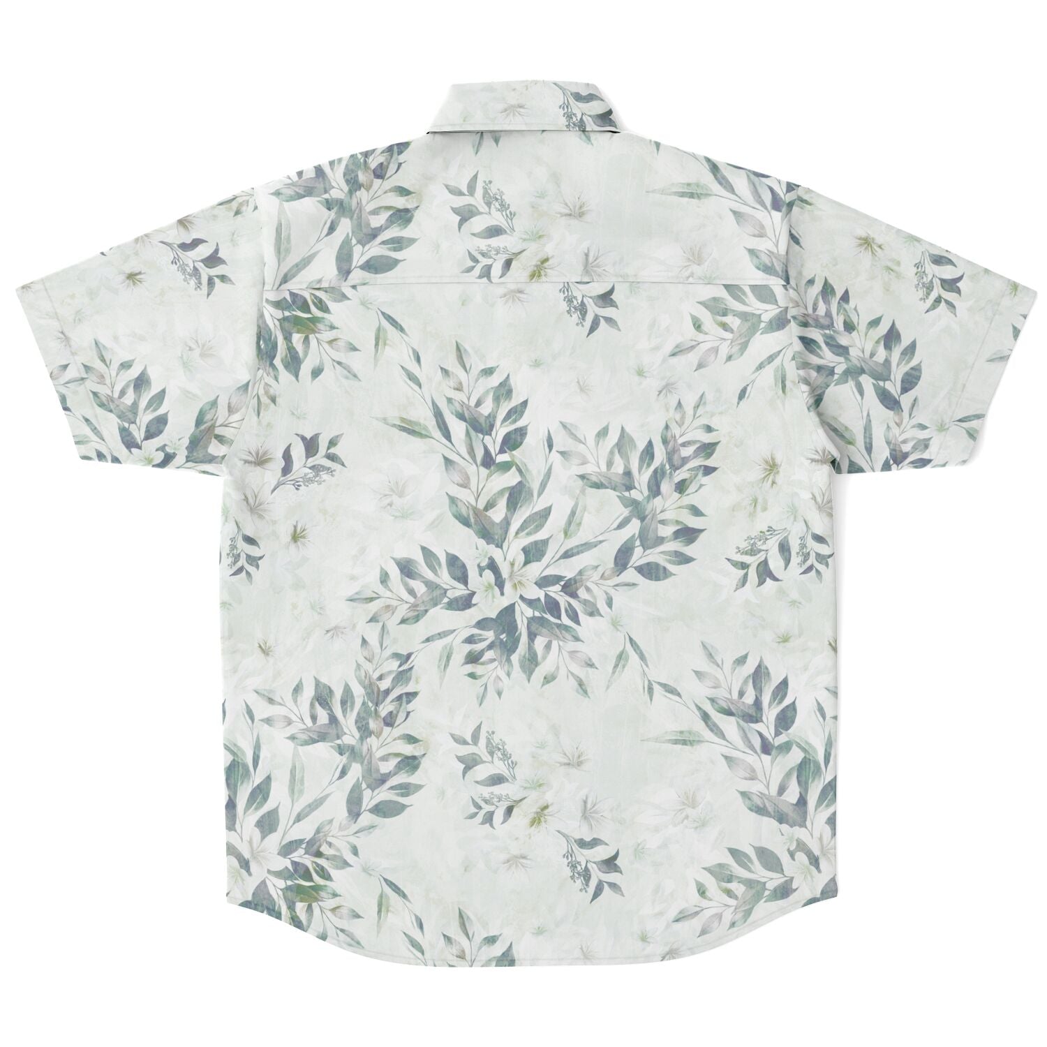 Chemise homme manches courtes blanche à feuillage vert, vue de dos à plat