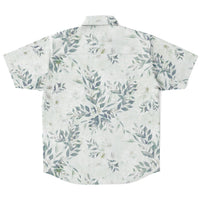 Chemise homme manches courtes blanche à feuillage vert, vue de dos à plat