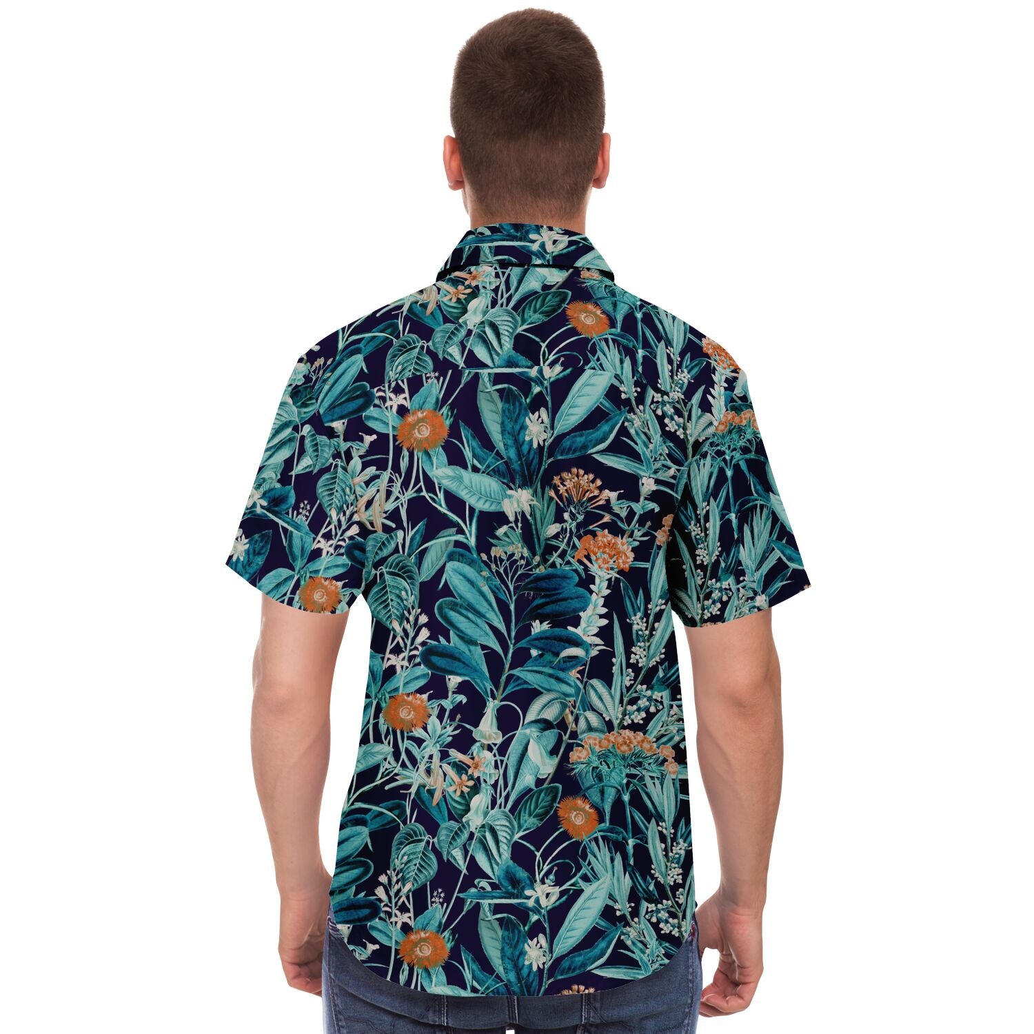 Chemise homme manches courtes jungle bleu canard, portée, vue de dos