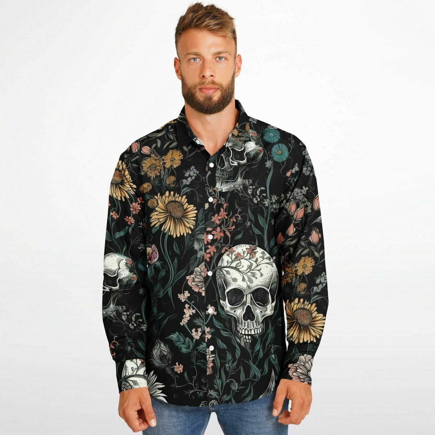 chemise homme imprimé têtes de mort et fleurs