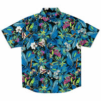 Chemise homme manches courtes bleue à feuillage tropical, vue de face à plat