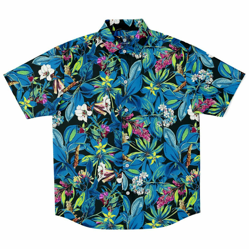 Chemise homme manches courtes bleue à feuillage tropical, vue de face à plat