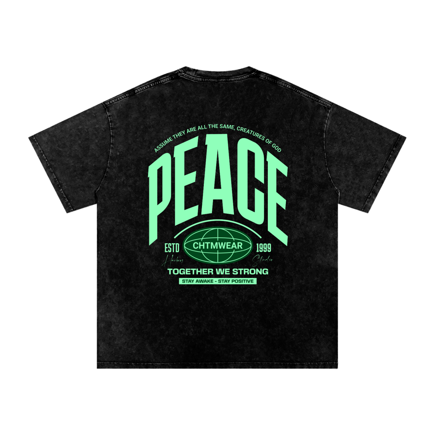 Dos du t-shirt oversized snow washed - grand lettrage PEACE vert menthe et globe CHTMWEAR