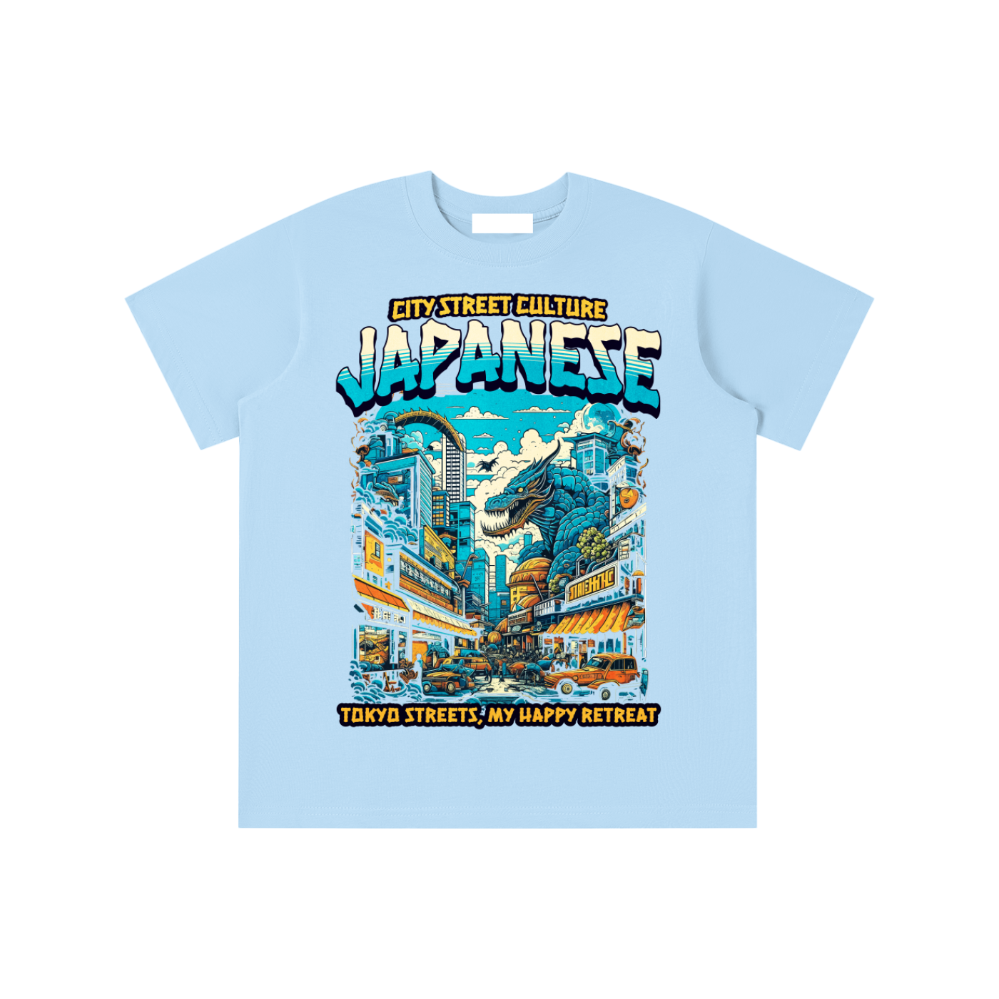 T-shirt oversized enfant Japanese en bleu clair - imprimé rue de Tokyo illustrée en couleurs