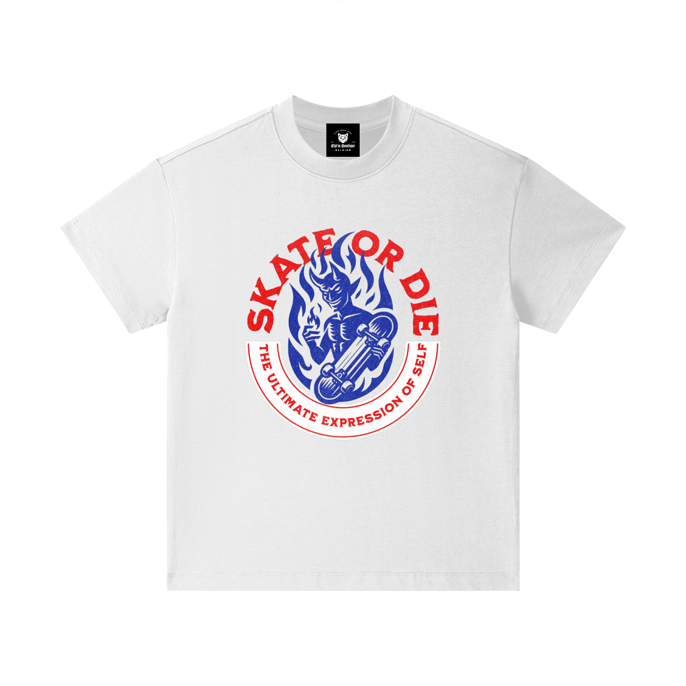 T-shirt enfant oversized Skate or Die en blanc - démon en flammes sur un skateboard