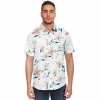 Chemise homme manches courtes blanche à lys pêche, portée, vue de face