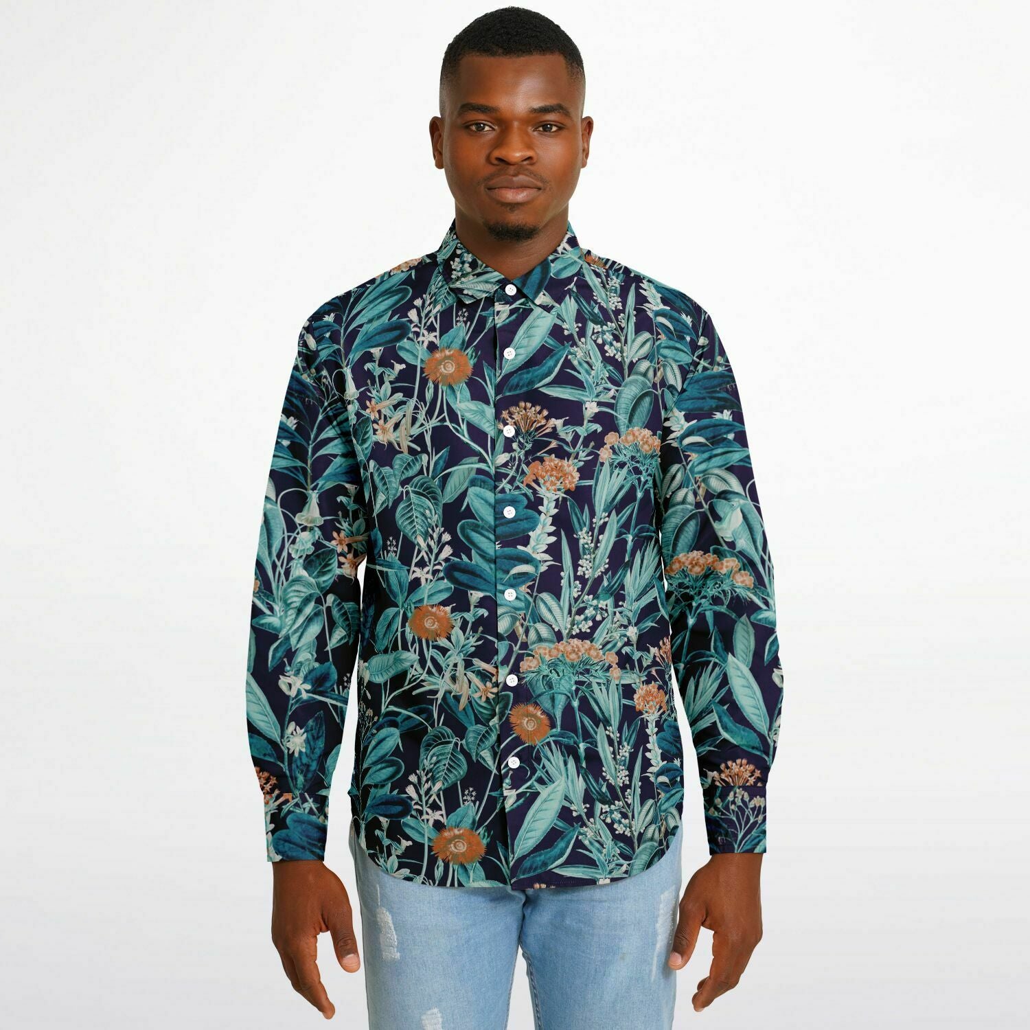 CHEMISE HOMME originale style floral bleue - MANCHES LONGUES