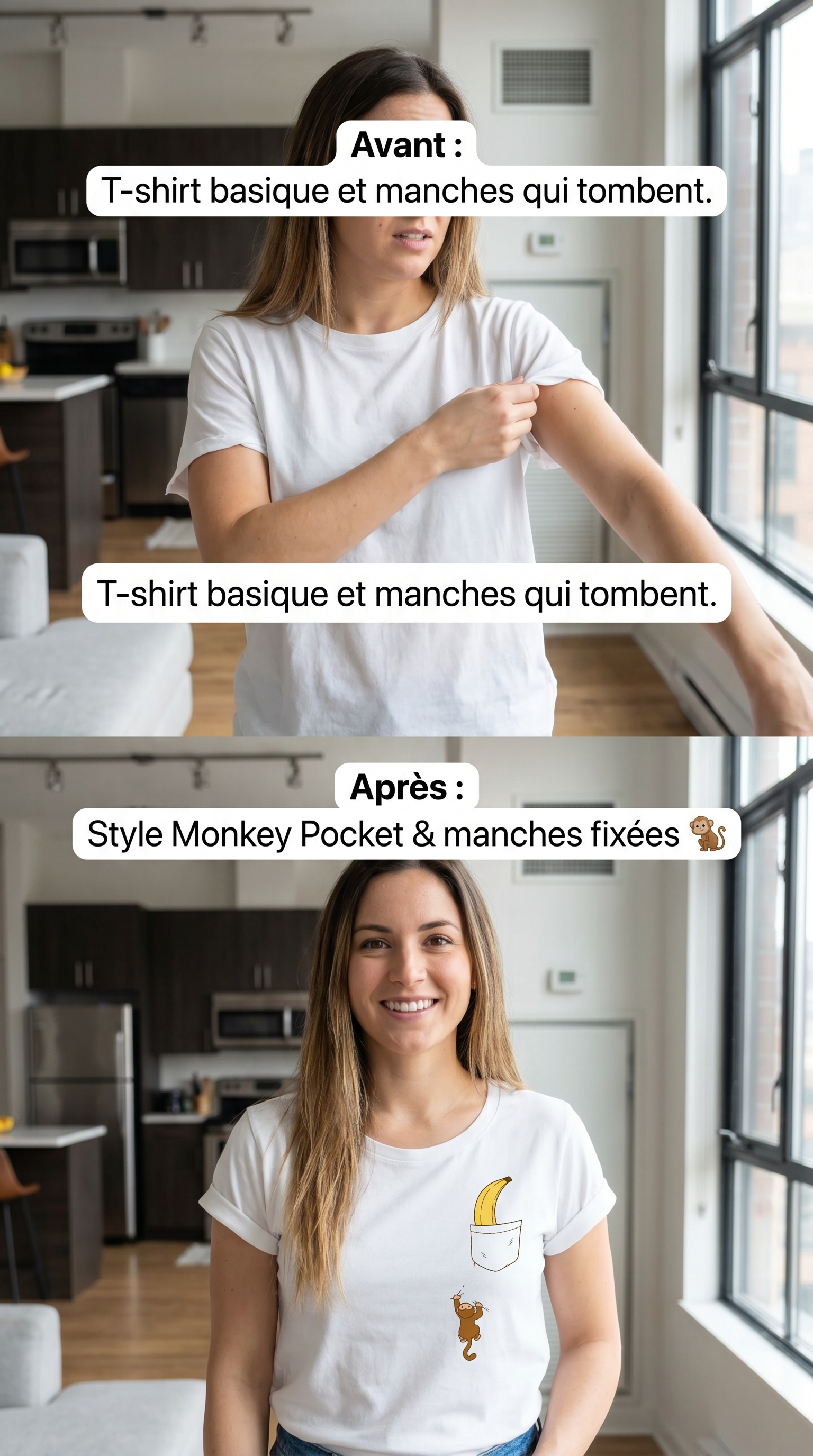 T-shirt Femme Original Manches Repliées Monkey Pocket - Singe Banane