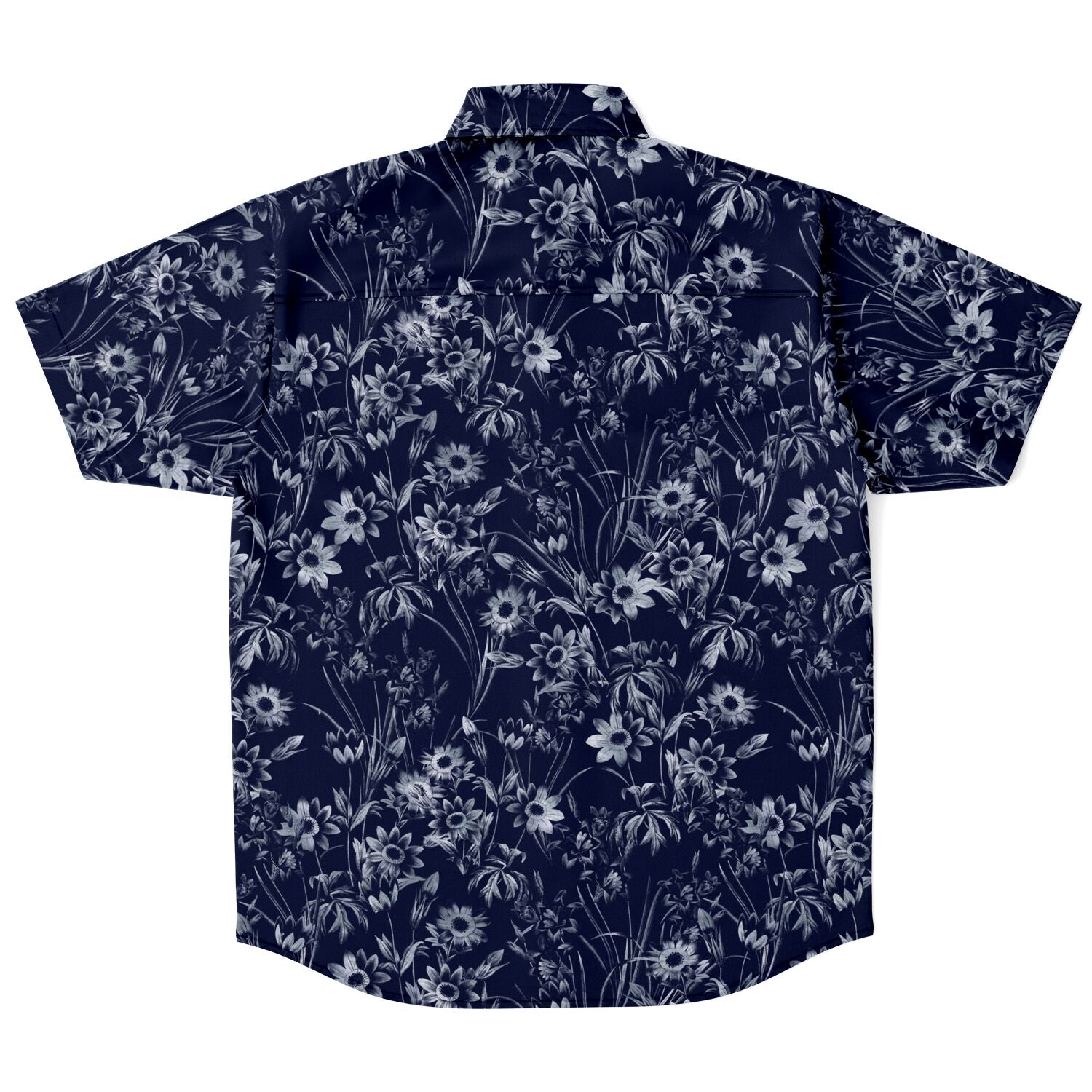 Chemise homme manches courtes bleu marine à fleurs blanches, vue de dos à plat