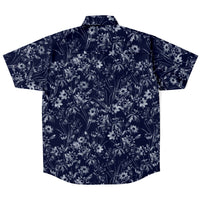 Chemise homme manches courtes bleu marine à fleurs blanches, vue de dos à plat