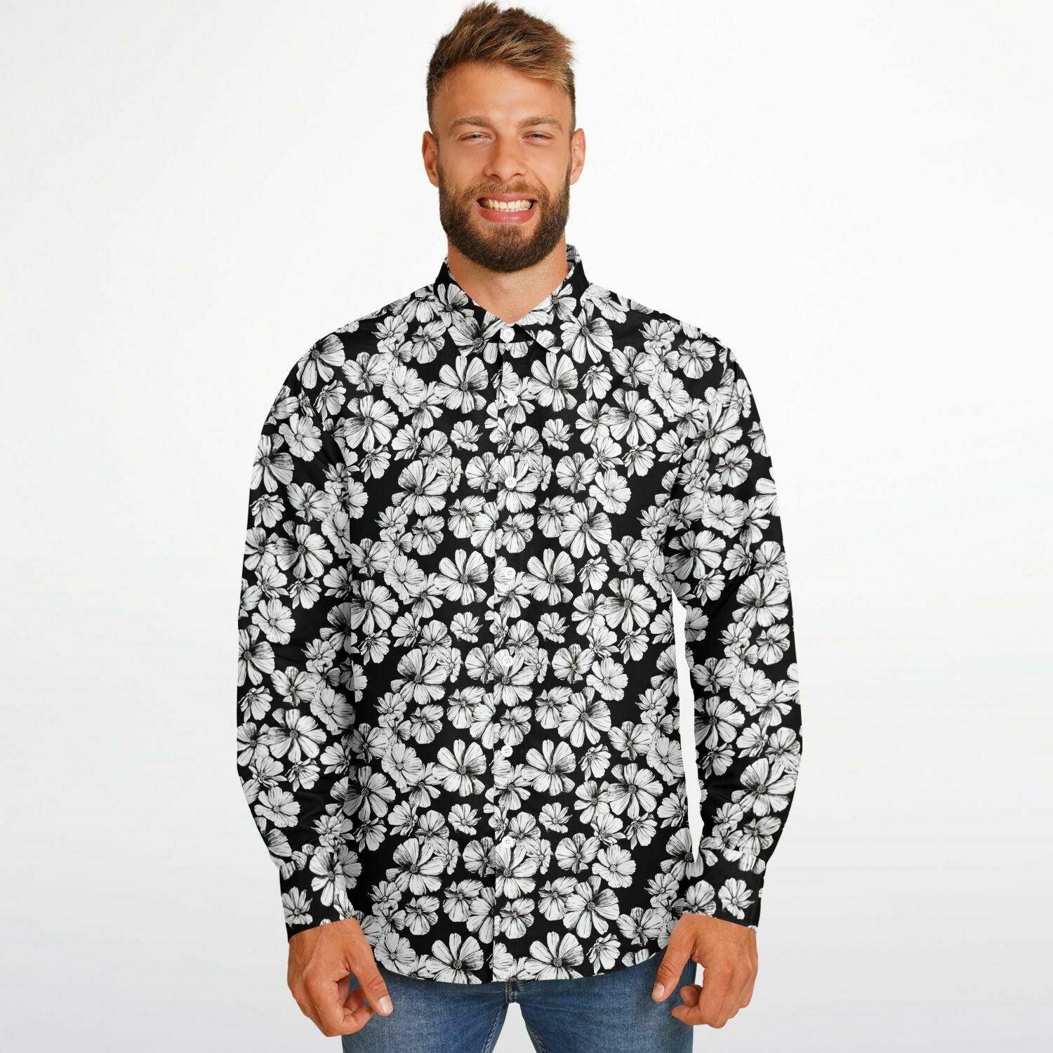 chemise originale homme noir fleurs blanches