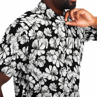 Chemise homme manches courtes noir et blanc à grandes fleurs, gros plan sur le tissu