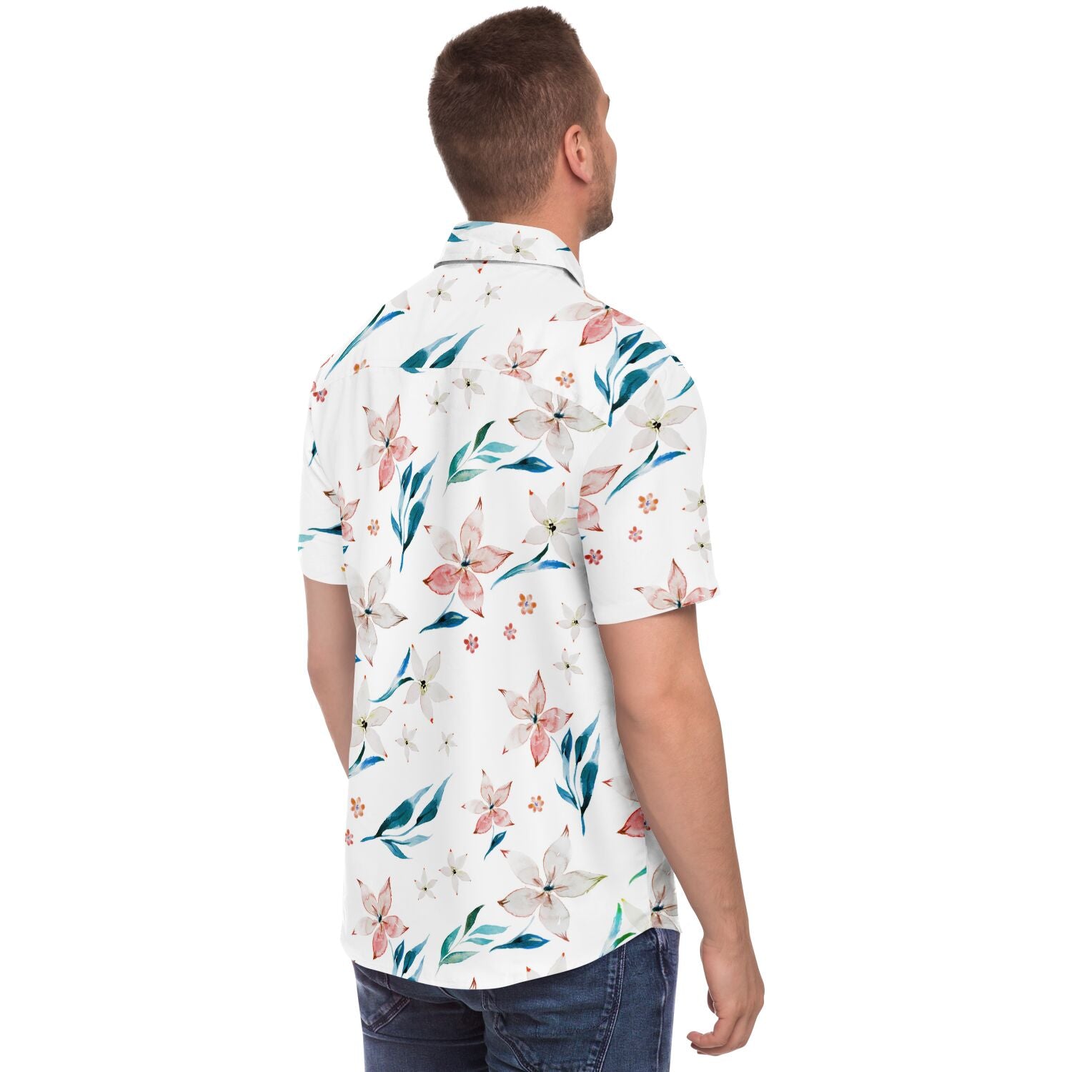 Chemise homme manches courtes blanche à lys pêche, portée, profil droit