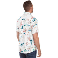 Chemise homme manches courtes blanche à lys pêche, portée, profil droit