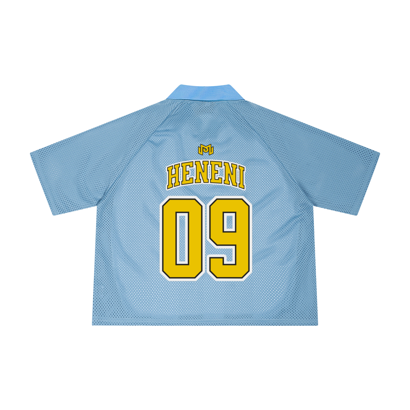 Maillot de foot Wesh Pélo Bleu Ciel & Blanc vue de dos, floquage HENENI 09 – packshot studio CHT'M