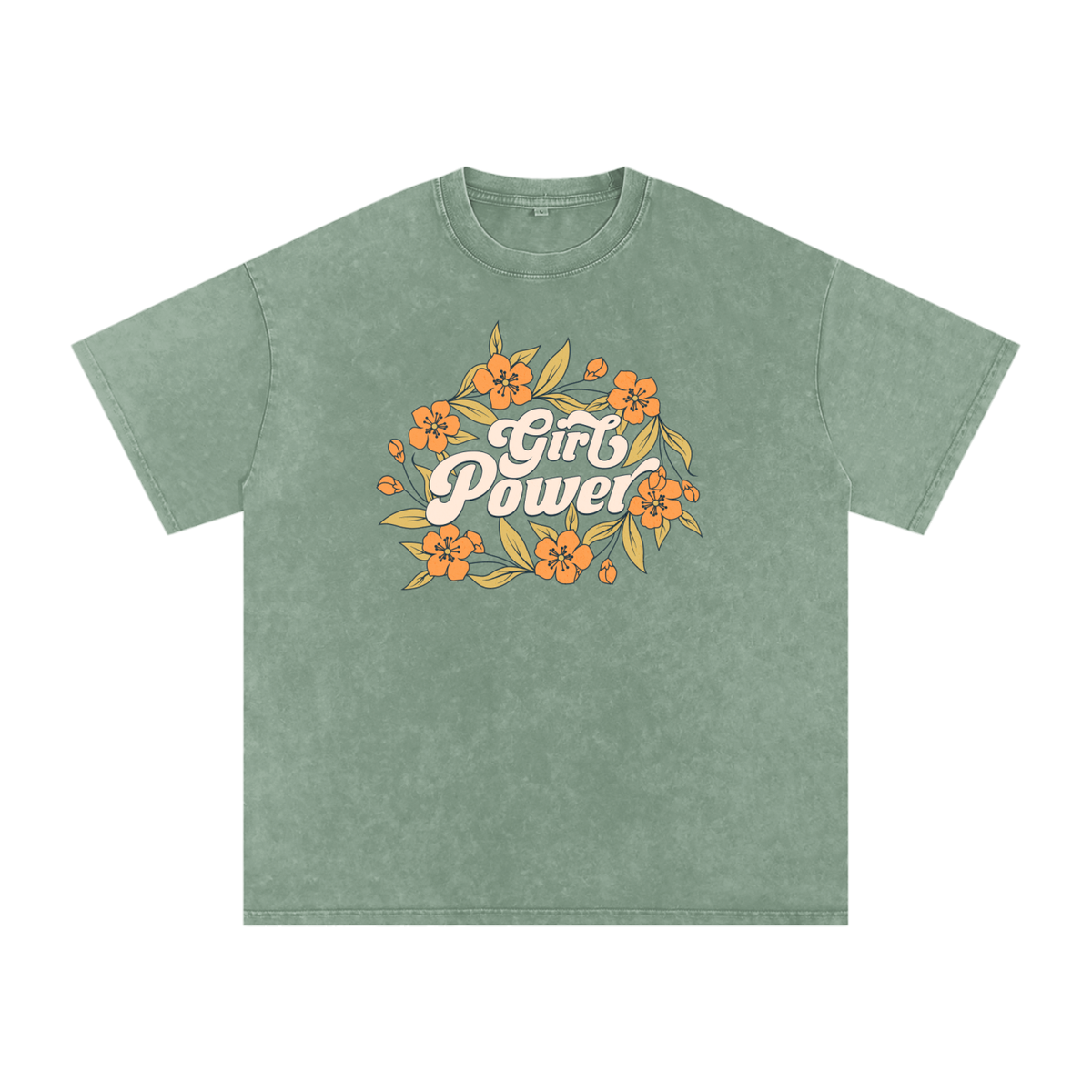 T-shirt femme oversized Girl Power en vert amande - imprimé floral rétro ton sur ton
