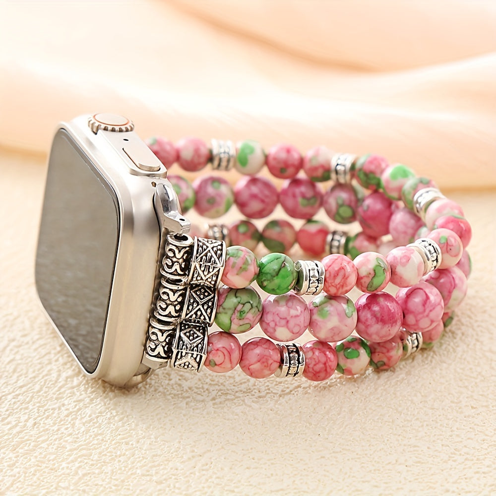 Bracelet Apple Watch en perles de jade rose, vue détaillée