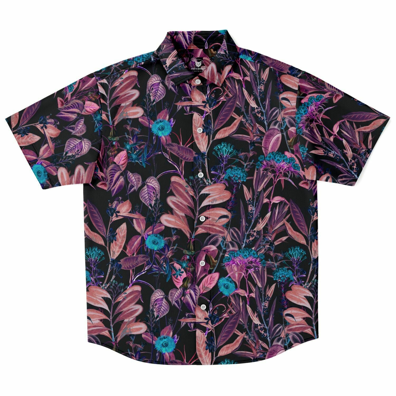 Chemise homme manches courtes noire à feuillage rose, vue de face à plat