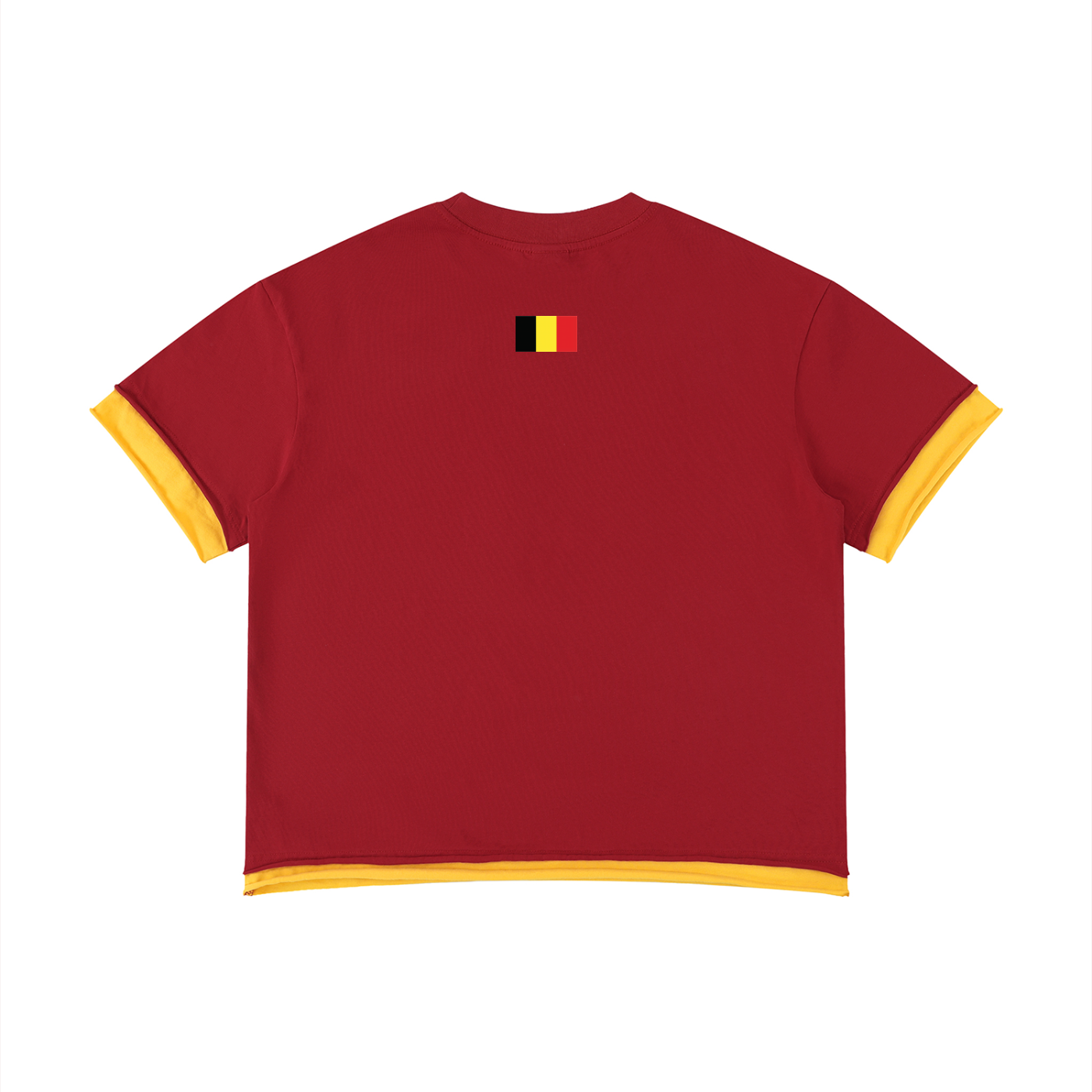 Dos du t-shirt belge rouge à plat, petit drapeau belge entre les omoplates