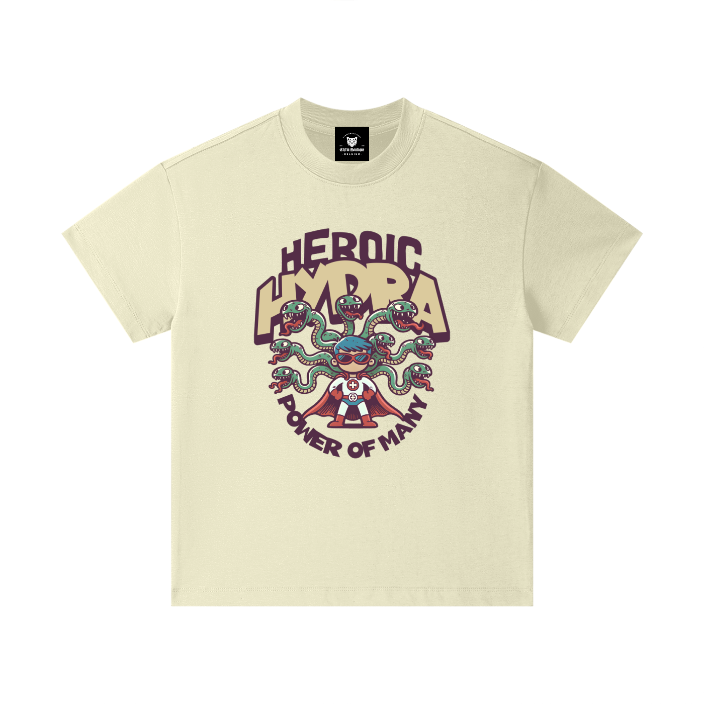 T-shirt enfant oversized Heroic Hydra en beige clair - super-héros et hydre à sept têtes