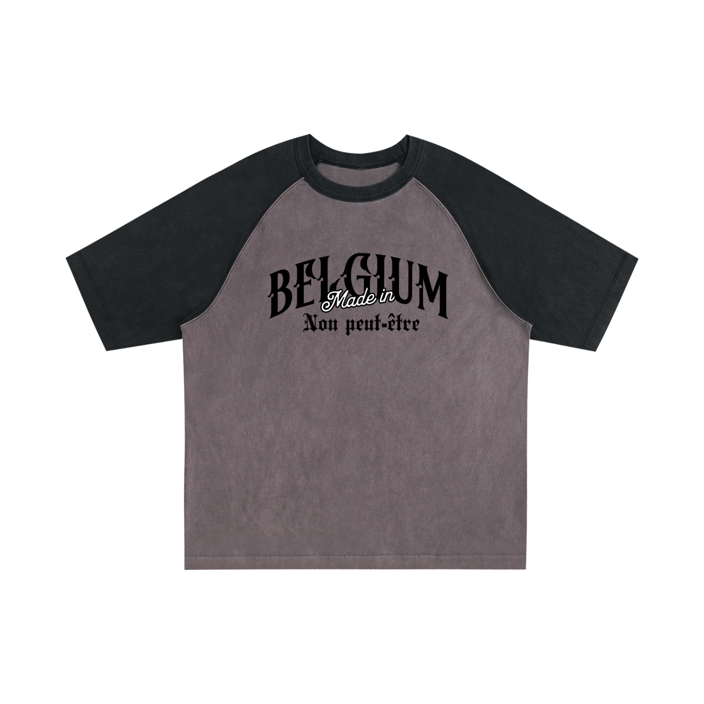 T-shirt belge raglan Made in Belgium coloris Gris violet à bras noirs, lettrage BELGIUM devant