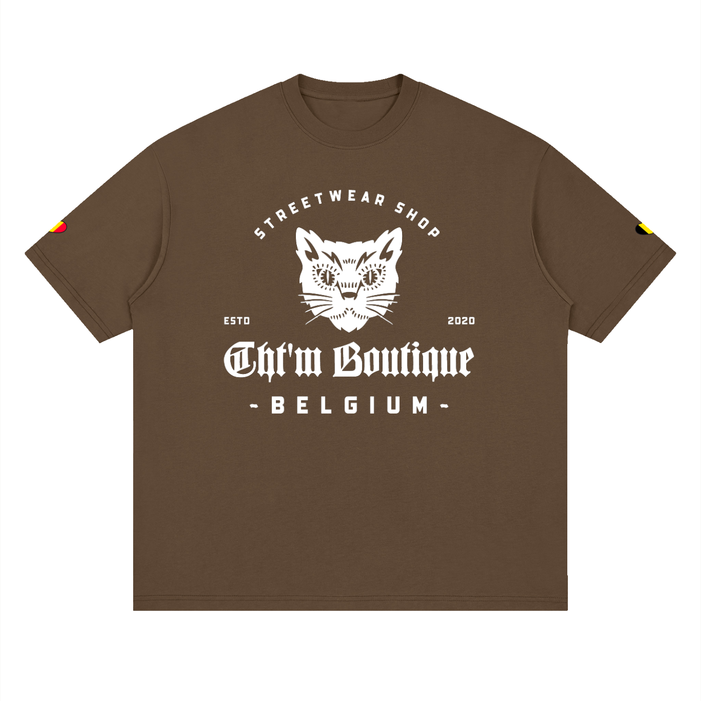 T-shirt oversized logo chat félin en marron foncé, imprimé blanc CHT'M Belgium, vue de face